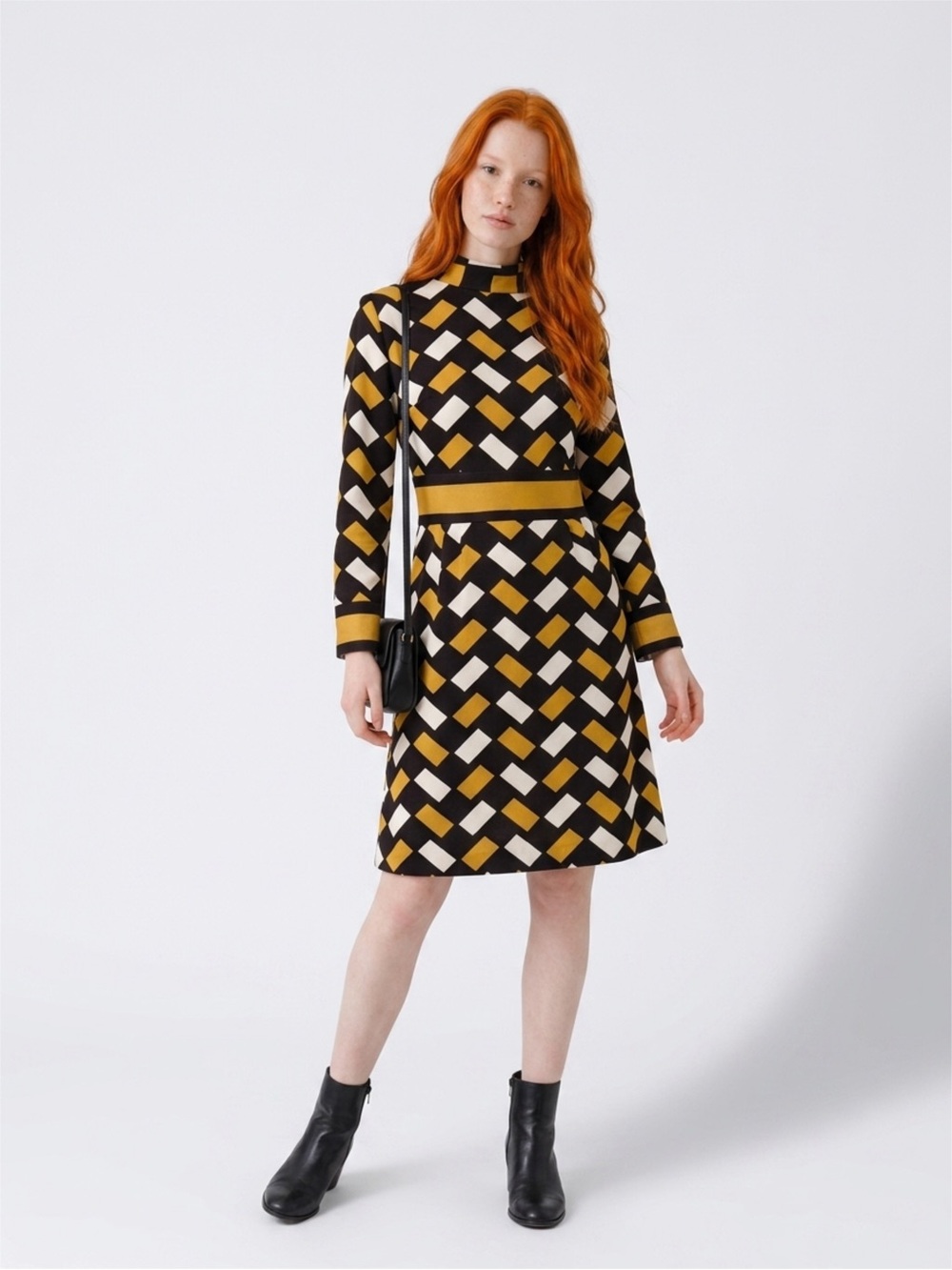 Geometric Print Long-Sleeve A-Line Dress in Black, Mustard & White VINTAGE